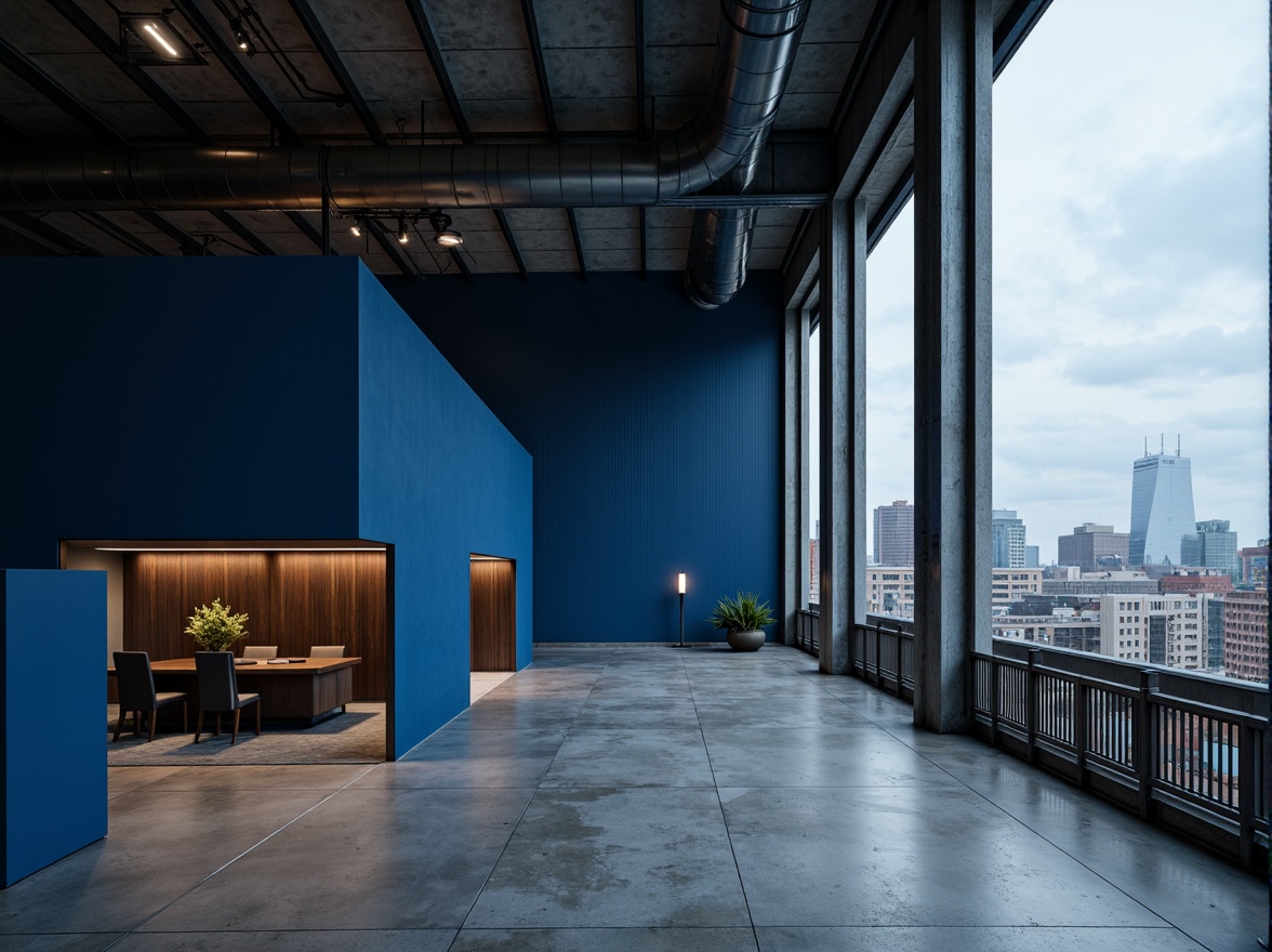 Prompt: Prussian blue accent walls, modernist building facade, industrial metal beams, exposed ductwork, polished concrete floors, minimalist interior design, sleek lines, urban cityscape, overcast sky, dramatic shadows, low-key lighting, 1/1 composition, realistic materials, ambient occlusion, moody atmosphere.