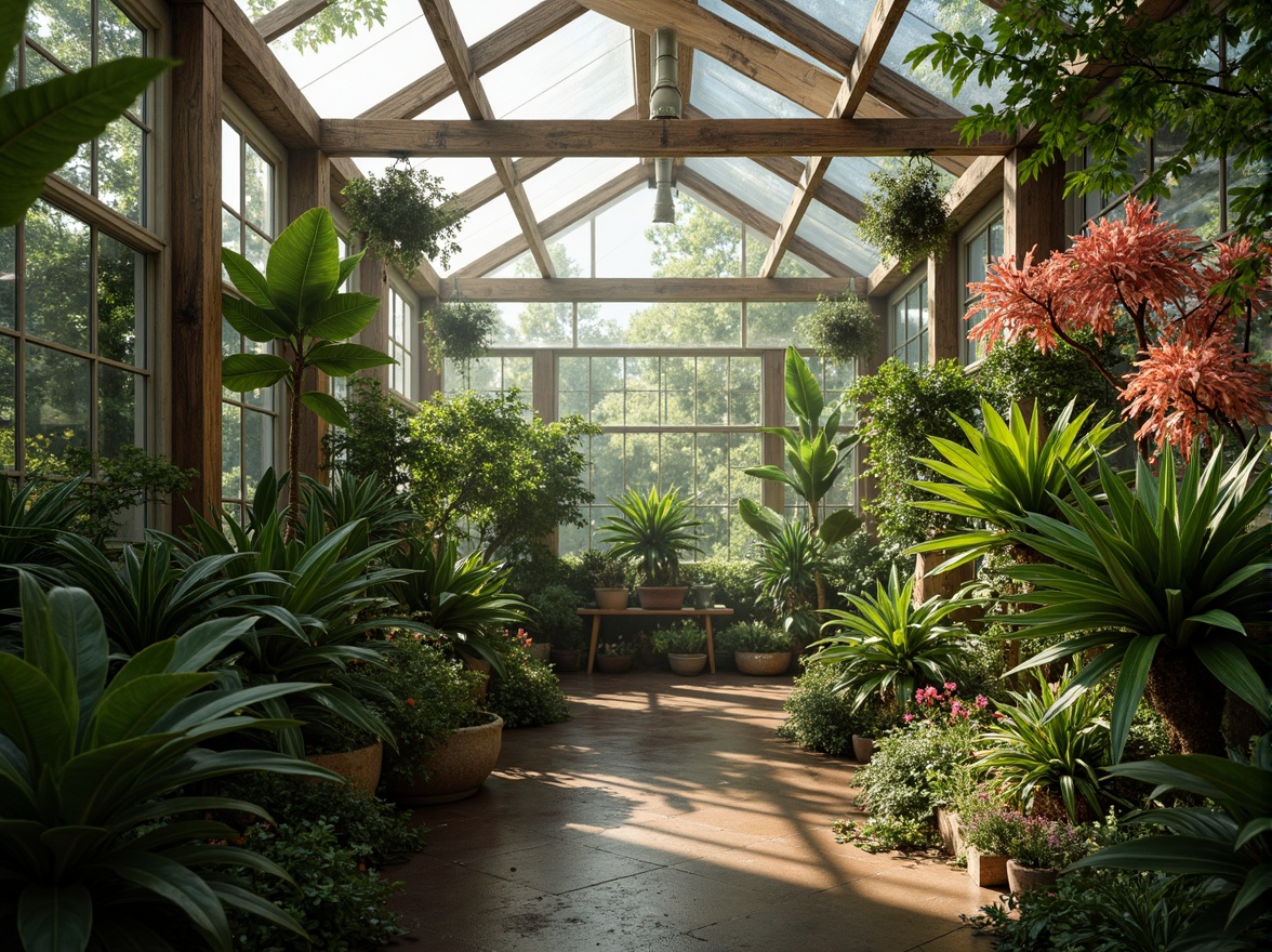 Prompt: Lush greenhouse interior, tropical plants, bright natural light, warm earthy tones, soft pastel hues, vibrant coral accents, delicate fern patterns, rustic wooden beams, distressed metal frames, misty atmosphere, shallow depth of field, 1/1 composition, realistic plant textures, ambient occlusion.