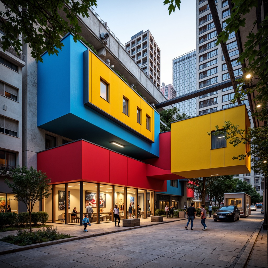 Prompt: Vibrant youth center, bold geometric shapes, primary color scheme, red accents, blue tones, yellow highlights, industrial materials, metal beams, concrete walls, urban landscape, cityscape views, modern architecture, angular lines, abstract patterns, dynamic lighting, high contrast, shallow depth of field, 2/3 composition, cinematic atmosphere, realistic textures, ambient occlusion.