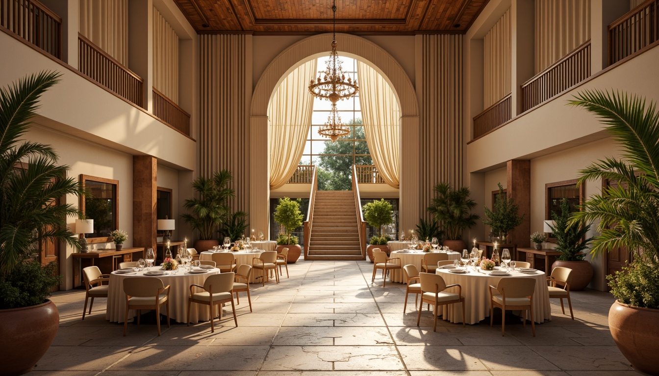 Prompt: Elegant dining hall, sophisticated ambiance, warm beige walls, rich wood tones, luxurious gold accents, soft cream fabrics, ornate chandeliers, refined crystal glassware, lavish velvet drapes, dramatic high ceilings, grand staircase, inviting entrance, natural stone flooring, earthy terracotta pots, luscious greenery, soft warm lighting, shallow depth of field, 1/2 composition, intimate atmosphere, realistic textures.