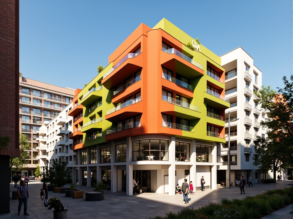 Prompt: Vibrant youth center, constructivist architecture, bold geometric shapes, bright color blocking, abstract patterns, irregular forms, dynamic spatial arrangements, modernist fa\u00e7ade treatment, glass and steel materials, cantilevered roofs, open circulation spaces, playful interior design, urban cityscape, afternoon sunlight, high-contrast shadows, dramatic lighting effects, 1-point perspective, shallow depth of field, realistic textures, ambient occlusion.