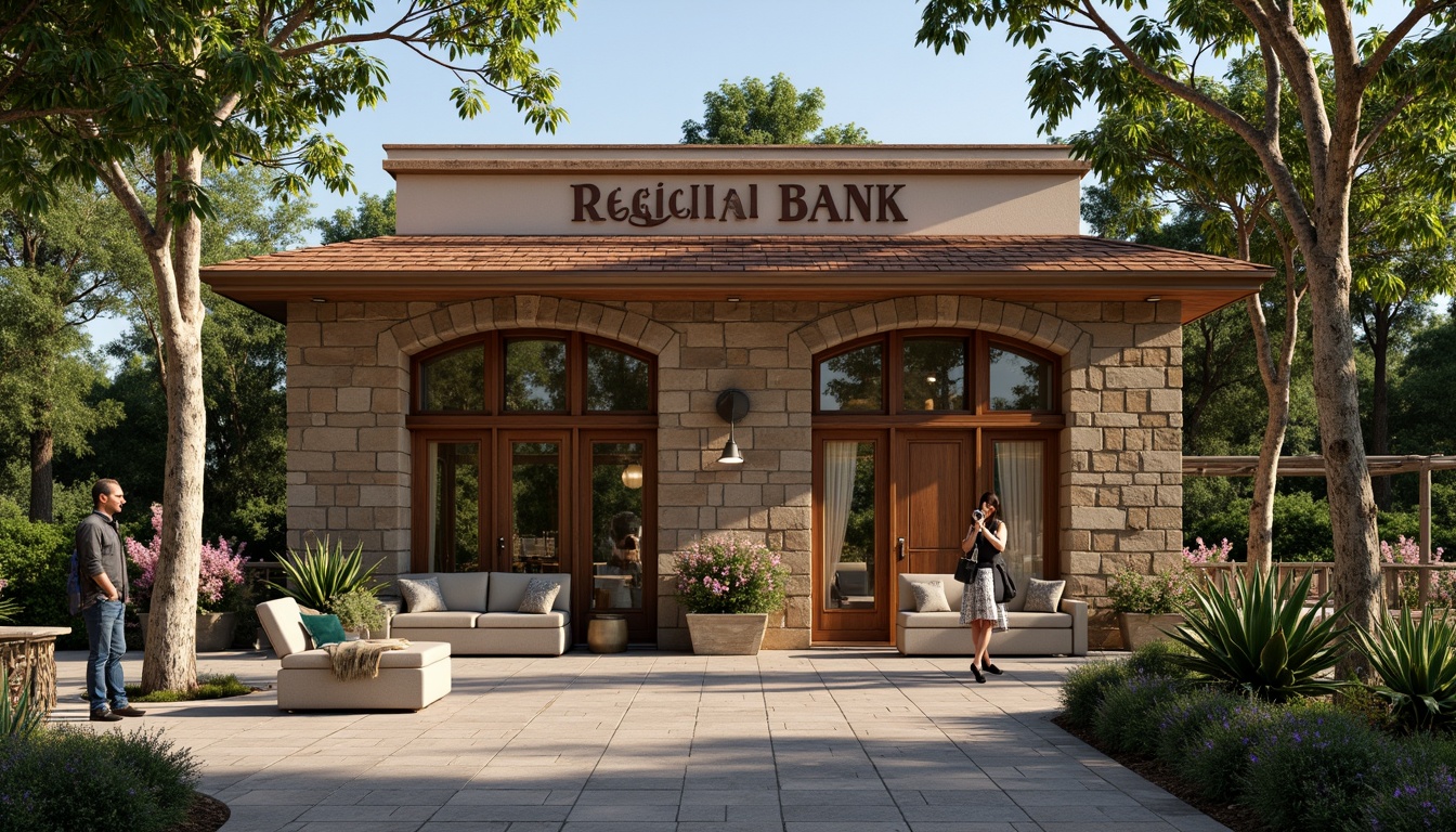 Prompt: Rustic regional bank building, earthy tones, natural stone fa\u00e7ade, wooden accents, curved lines, arched windows, traditional architectural details, ornate metalwork, warm inviting atmosphere, cozy interior spaces, rich wood paneling, comfortable seating areas, soft diffused lighting, 1/1 composition, realistic textures, ambient occlusion, lush greenery surroundings, mature trees, blooming flowers, serene natural environment.