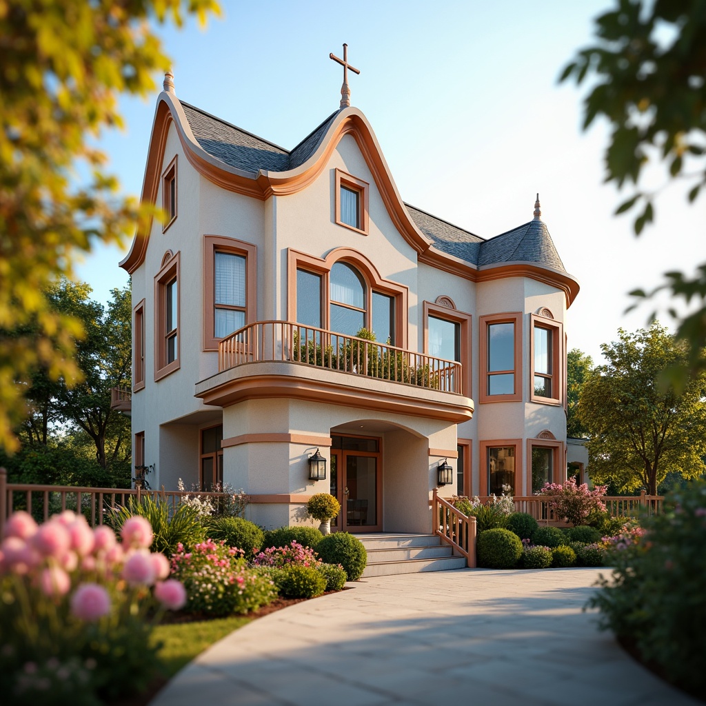 Prompt: Whimsical elementary school building, soft pastel colors, ornate Victorian-inspired facades, curved lines, decorative turrets, grand entranceways, arched windows, flower-patterned railings, vibrant blooming flowers, lush greenery, natural stone foundations, rustic wooden doors, warm golden lighting, shallow depth of field, 1/2 composition, intimate atmosphere, realistic textures, ambient occlusion.