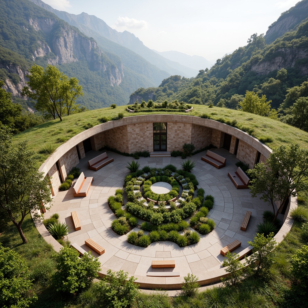 Prompt: Mountainous amphitheater, green roof, lush vegetation, natural stone walls, curved architecture, open-air seating, wooden benches, minimalistic design, earthy tone color scheme, warm sunny day, soft diffused lighting, gentle breeze, cross ventilation, clerestory windows, skylights, solar tubes, thermal mass, insulation materials, recycled concrete, low-carbon footprint, energy-efficient systems, rainwater harvesting, grey water reuse, living walls, vertical gardens, natural cooling systems, shaded outdoor spaces.