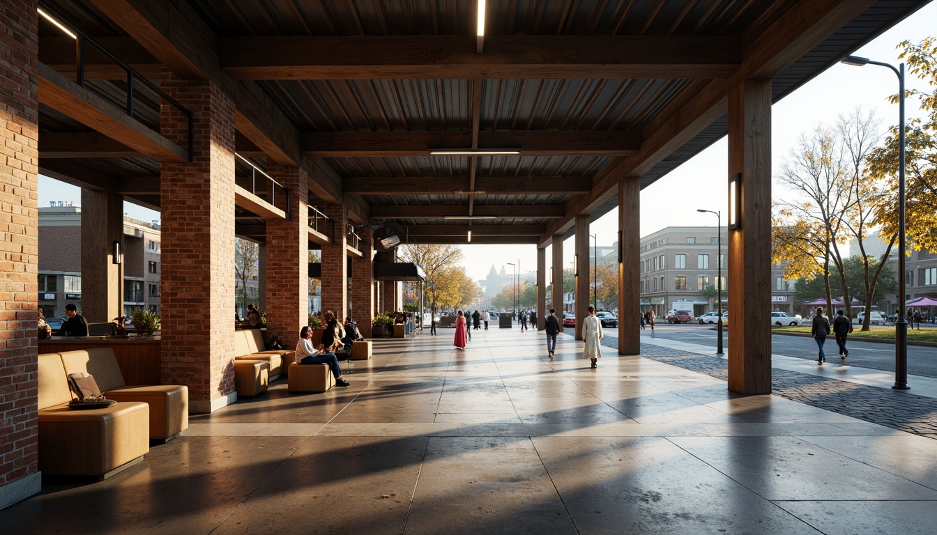 Prompt: Rustic bus station, industrial chic aesthetic, exposed brick walls, metal beams, reclaimed wood accents, polished concrete floors, natural stone cladding, urban landscape, cityscape views, bustling streets, morning rush hour atmosphere, soft warm lighting, shallow depth of field, 3/4 composition, panoramic view, realistic textures, ambient occlusion.