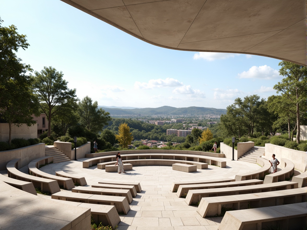 Prompt: Amphitheater seating, modernist curves, cantilevered benches, sleek metal frames, polished concrete floors, angular staircases, open-air atmosphere, Mediterranean landscape, rolling hills, scenic vistas, warm sunny day, soft natural lighting, shallow depth of field, 1/2 composition, panoramic view, realistic textures, ambient occlusion, minimalist design, functional simplicity, geometric patterns, bold color accents.