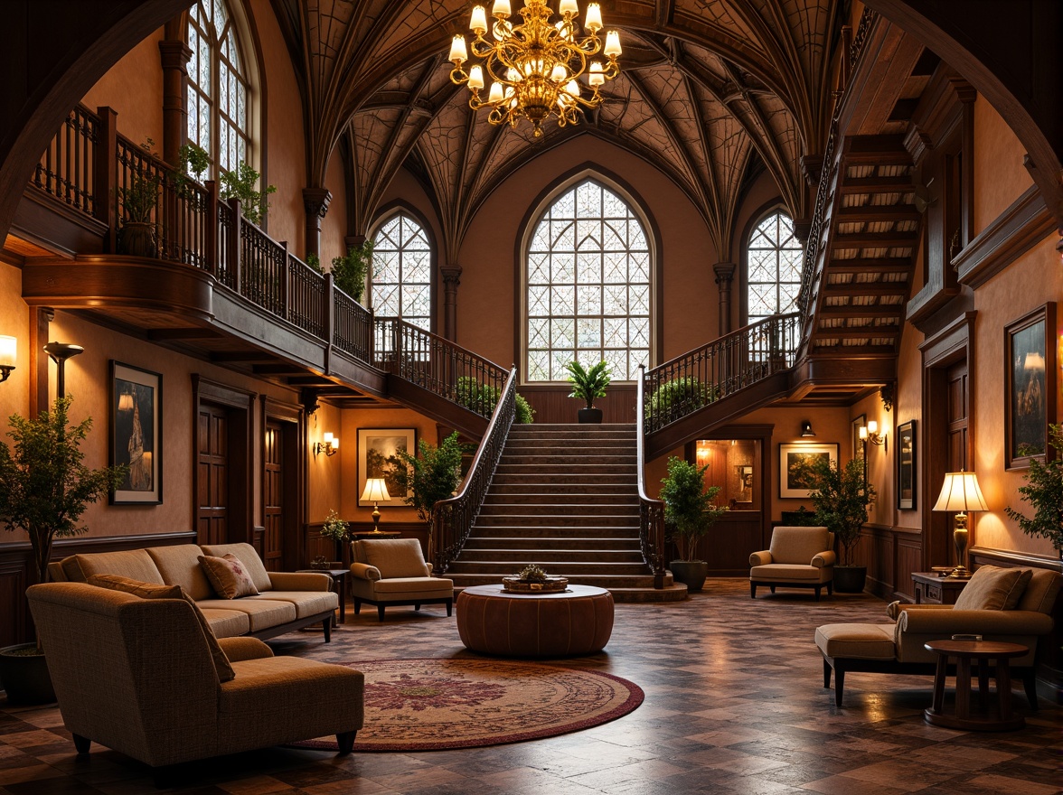 Prompt: Intricate Gothic arches, ornate stone carvings, lavish furnishings, grand chandeliers, opulent fabrics, rich wood tones, intricate metalwork, majestic staircases, sweeping curves, Baroque-inspired motifs, regal color palette, warm golden lighting, soft focus, shallow depth of field, 1/2 composition, romantic atmosphere.