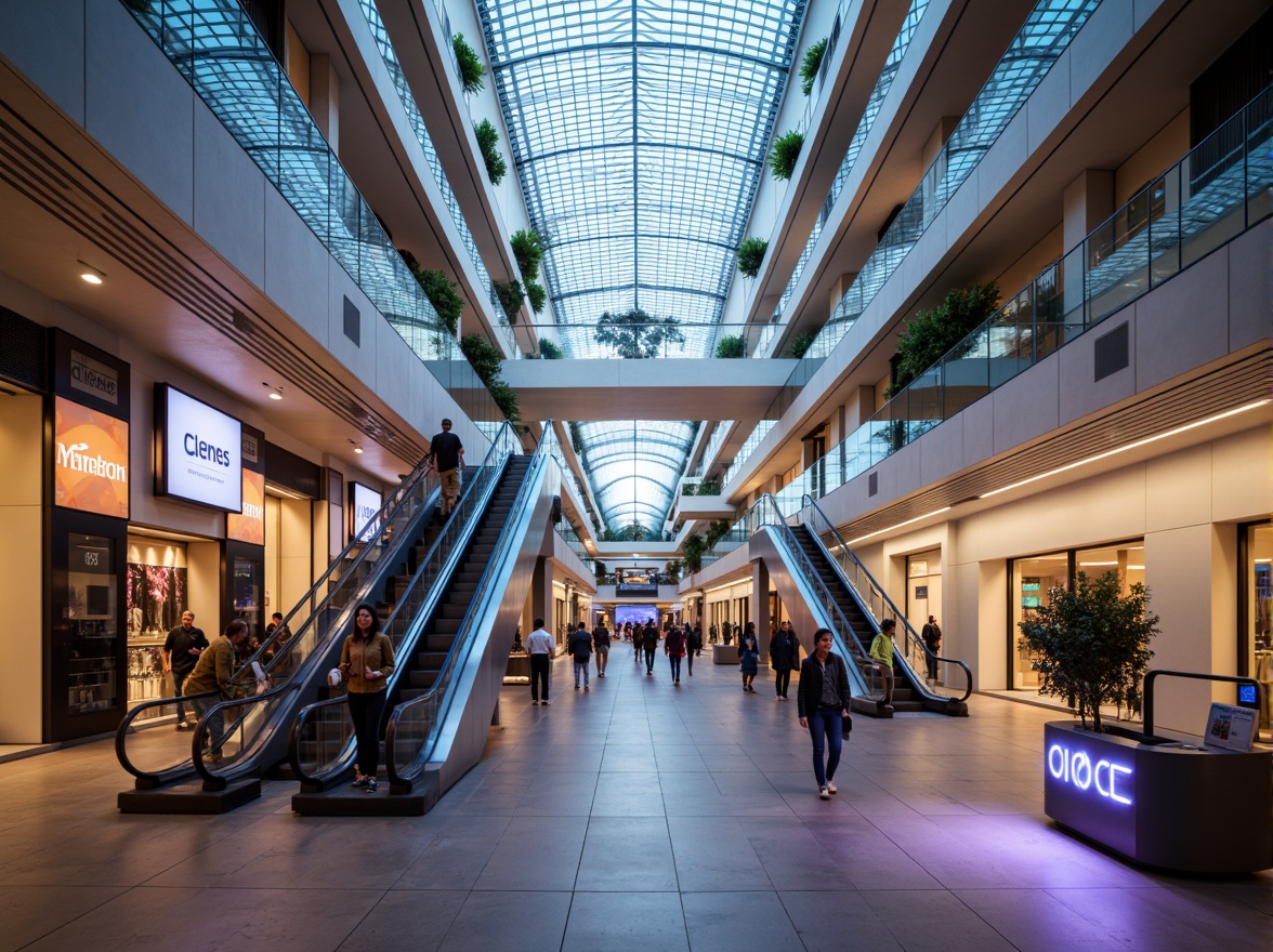 Prompt: Vibrant shopping mall, modern atrium, natural light pouring, sleek escalators, glossy floors, stainless steel railings, minimalist kiosks, futuristic LED displays, dynamic lighting effects, shimmering glass ceilings, ambient soft illumination, warm cozy atmosphere, bustling crowd, lively soundscapes, 1/2 composition, shallow depth of field, subtle bokeh effect, realistic reflections.