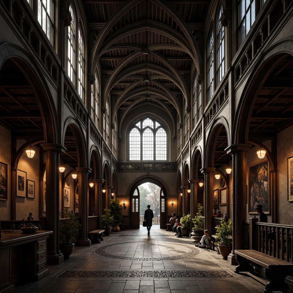 Prompt: Intricate Gothic arches, ornate stone carvings, grand entrance halls, high ceilings, ribbed vaults, stained glass windows, majestic columns, dark wood paneling, luxurious furnishings, atmospheric lighting, dramatic shadows, symmetrical composition, rich textures, ambient occlusion, mysterious ambiance, historic European inspiration, solemn tone, natural material palette.