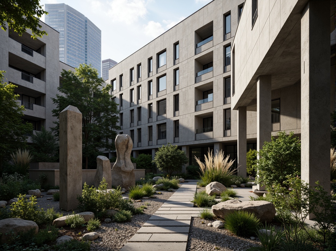 Prompt: Rugged brutalist building, exposed concrete walls, bold geometric shapes, industrial-style lighting, urban cityscape, dense greenery, native plants, weathered stone pathways, gravel terrain, minimalist water features, monolithic sculptures, abstract art installations, dramatic shadows, high-contrast lighting, cinematic atmosphere, 3/4 composition, wide-angle lens, gritty textures, ambient occlusion.