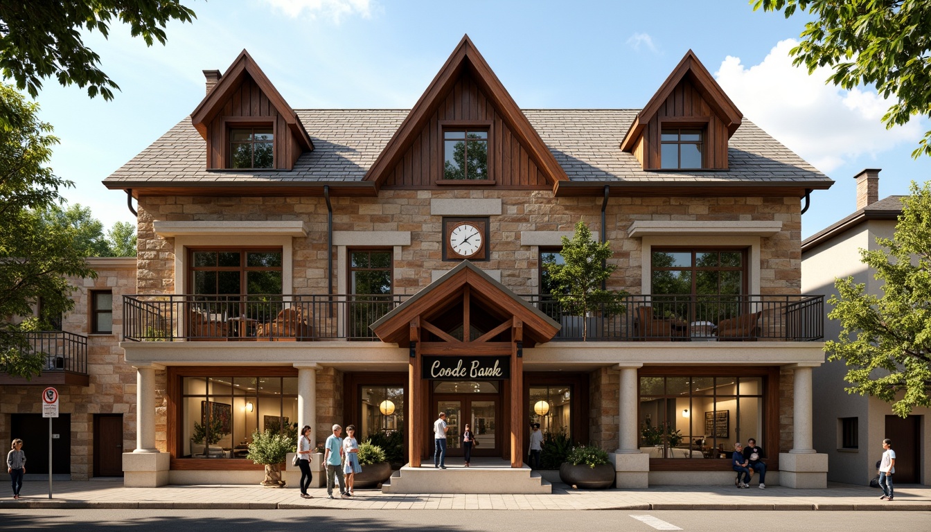 Prompt: Rustic regional bank building, earthy tone facade, natural stone walls, wooden accents, sloping roofs, dormer windows, ornate metalwork, classical columns, grand entrance, vaulted ceilings, warm beige interiors, rich wood paneling, vintage banking equipment, classic clock tower, sunny afternoon, soft diffused lighting, shallow depth of field, 2/3 composition, realistic textures, ambient occlusion.