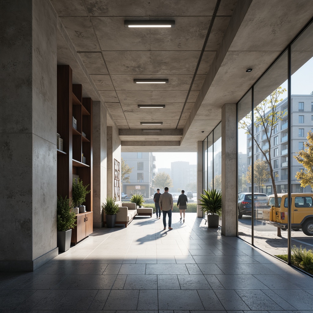 Prompt: Clean lines, minimal ornamentation, neutral color palette, exposed concrete walls, industrial metal accents, floor-to-ceiling windows, sliding glass doors, subtle LED lighting, urban cityscape, bustling street activity, morning mist, soft natural light, shallow depth of field, 1/1 composition, realistic textures, ambient occlusion.