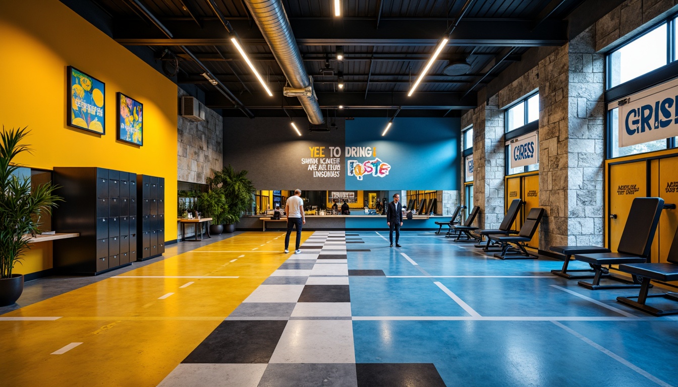 Prompt: Vibrant gym interior, bold color scheme, energetic atmosphere, dynamic flooring patterns, sleek equipment designs, motivational quotes, modern LED lighting, industrial metal accents, exposed ductwork, polished concrete floors, minimalist lockers, functional benches, sporty textures, bright citrus hues, deep blues, electric yellows, warm wood tones, natural stone walls, abstract geometric shapes, dramatic shadows, high-contrast lighting, 1/2 composition, cinematic mood, realistic reflections.