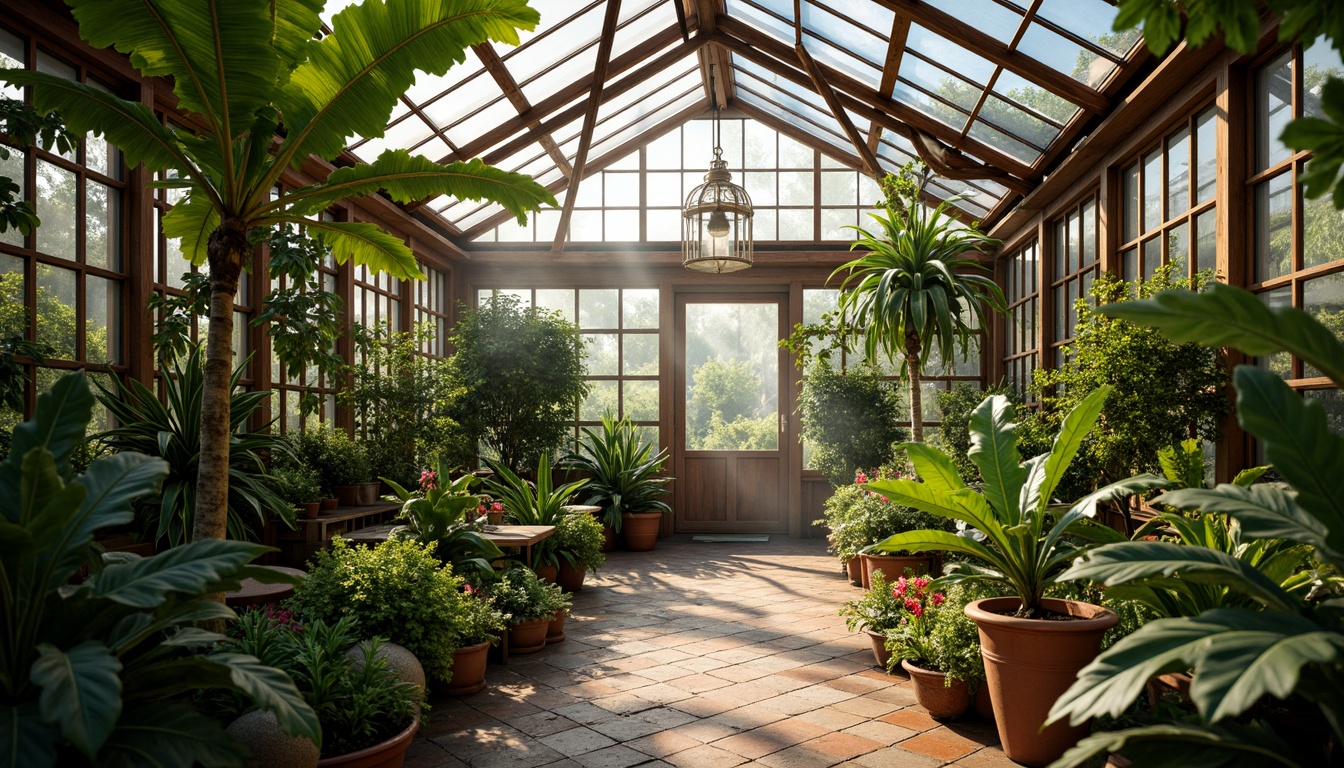 Prompt: Vibrant greenhouse, lush tropical plants, warm natural light, misty atmosphere, wooden trellises, vintage metal frames, earthy terracotta pots, colorful ceramic tiles, soft diffused lighting, shallow depth of field, 1/1 composition, intimate close-ups, realistic textures, ambient occlusion, rich greenery, exotic flowers, delicate ferns, rustic stone pathways, whimsical garden ornaments.