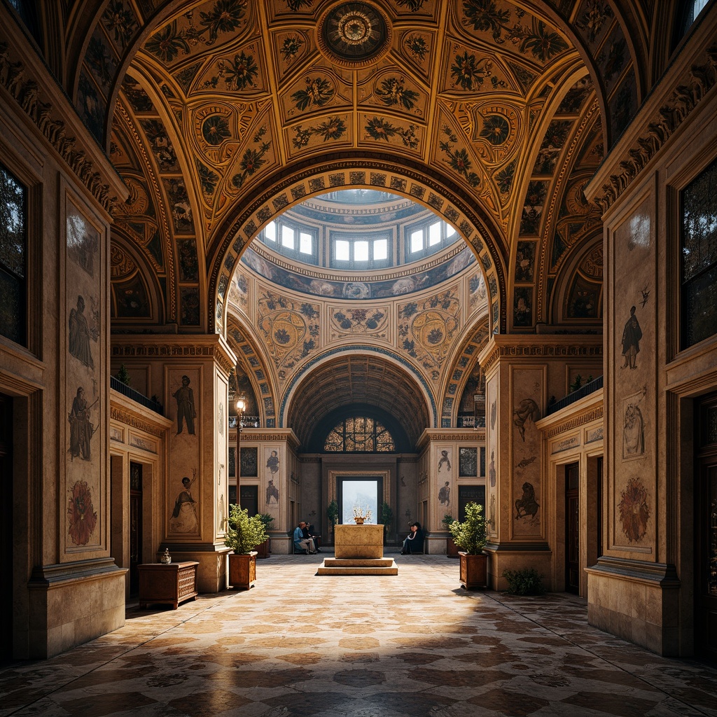 Prompt: Intricate arches, ornate carvings, golden mosaics, grand domes, vibrant frescoes, ornamental columns, marble floors, intricate stone carvings, richly patterned textiles, warm soft lighting, dramatic shadows, 3/4 composition, symmetrical framing, ancient Byzantine influences, mystical ambiance, solemn atmosphere, historic landmarks, sacred monuments, spiritual significance.