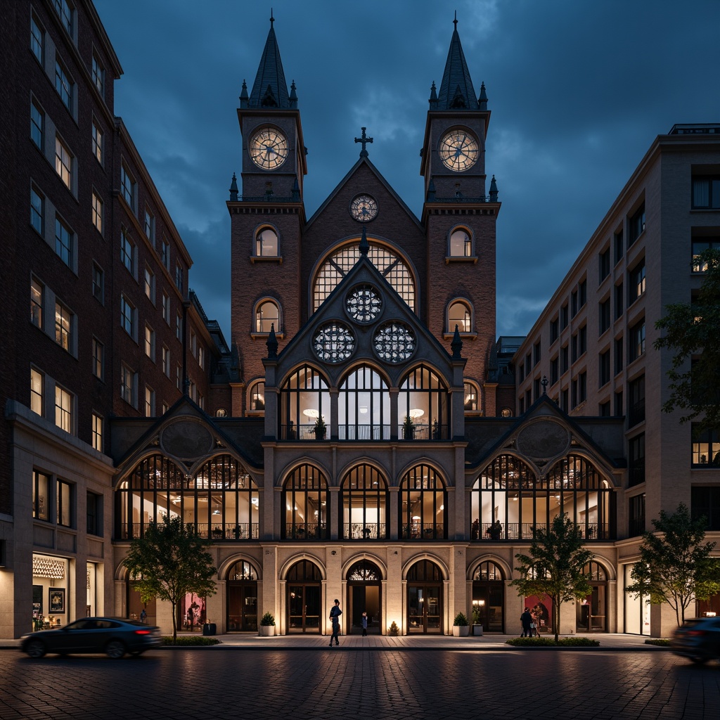 Prompt: Grandiose office building, Gothic Revival style facade, ornate stone carvings, pointed arches, ribbed vaults, flying buttresses, stained glass windows, intricate tracery, heavy iron doors, dark-toned brick walls, majestic clock towers, dramatic nighttime lighting, misty atmospheric effects, 1/2 composition, symmetrical framing, high-contrast rendering, detailed textures, ambient occlusion.