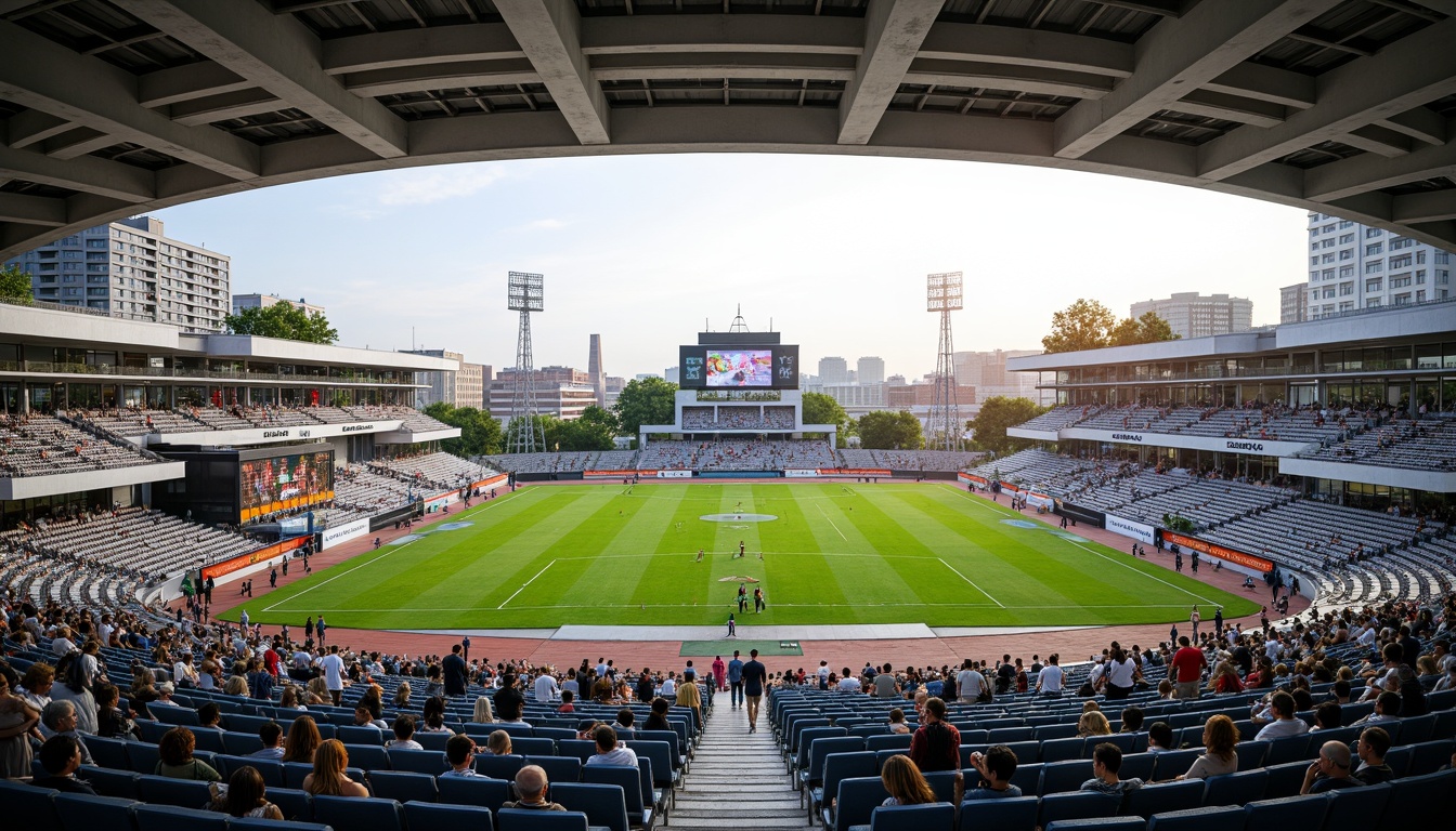 Prompt: Grandstand seating, lush green athletic fields, vibrant stadium lights, modern scoreboard displays, sleek metal bleachers, angular concrete structures, dynamic LED lighting systems, panoramic cityscape views, bustling event atmosphere, warm sunny day, soft natural light, shallow depth of field, 3/4 composition, realistic textures, ambient occlusion, integrated public art installations, urban landscape connections, pedestrian-friendly walkways, accessible amenities, sustainable building materials, eco-friendly waste management systems.