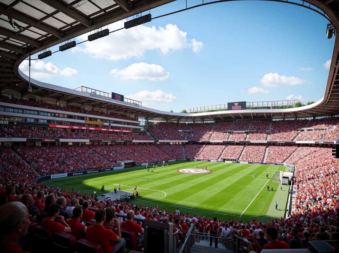 Prompt: Vibrant stadium atmosphere, dynamic seating areas, energetic crowd, bold team colors, bright scoreboard displays, sleek modern architecture, gleaming metallic surfaces, lush green grass, sunny day, dramatic shadowing, high contrast lighting, 1/2 composition, realistic textures, ambient occlusion.