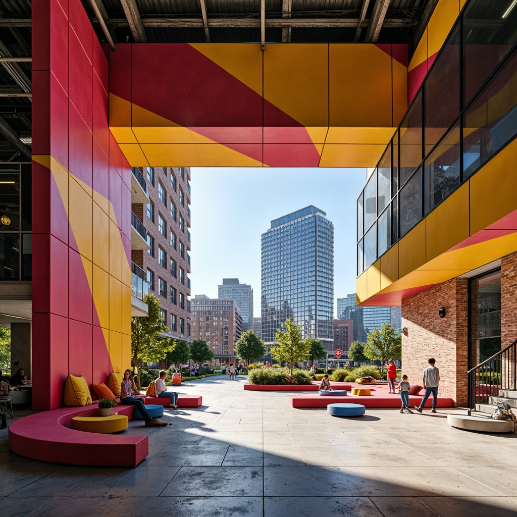 Prompt: Vibrant youth center, bold geometric shapes, bright primary colors, abstract patterns, industrial materials, exposed brick walls, metal beams, polished concrete floors, urban cityscape, sunny day, dynamic shadows, high contrast lighting, shallow depth of field, 2/3 composition, symmetrical architecture, graphic textures, stylized typography, futuristic ambiance, neon accents, LED lights, modern furniture, minimal decor.