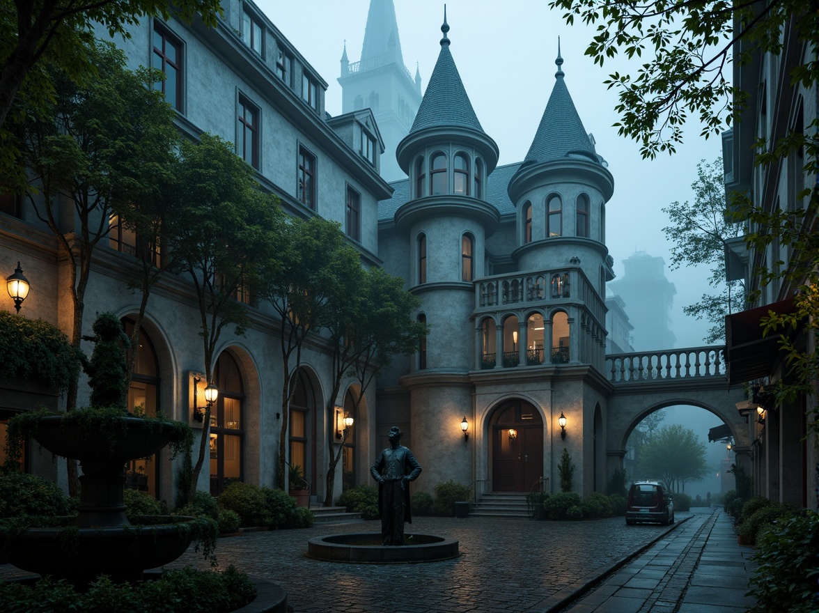 Prompt: Mysterious Gothic office building, towering spires, grand archways, ornate stone carvings, overgrown ivy walls, misty foggy morning, eerie lantern lighting, winding cobblestone pathways, ancient tree roots, moss-covered statues, mysterious ruins, abandoned fountain, dark mysterious alleys, dramatic shadows, cinematic low-angle shot, atmospheric fog effect, 1/2 composition, ominous mood lighting, intricate stone textures, ambient Occlusion.