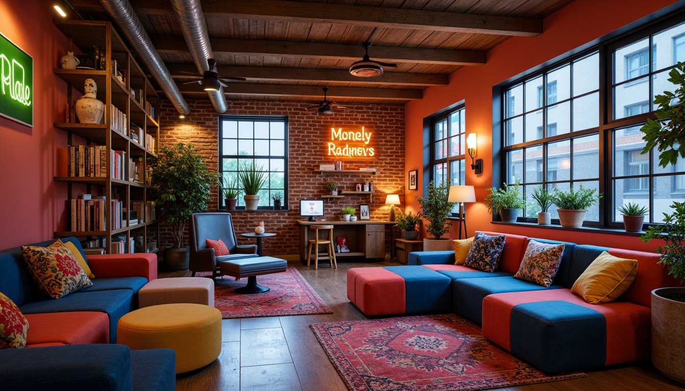 Prompt: Vibrant college dorm, eclectic mix of furniture, bold color blocking, contrasting textures, modern industrial decor, exposed brick walls, metal accents, reclaimed wood shelving, cozy reading nooks, plush area rugs, oversized pillows, neon signage, string lights, warm atmospheric lighting, shallow depth of field, 1/1 composition, intimate portrait view, realistic materials, ambient occlusion.