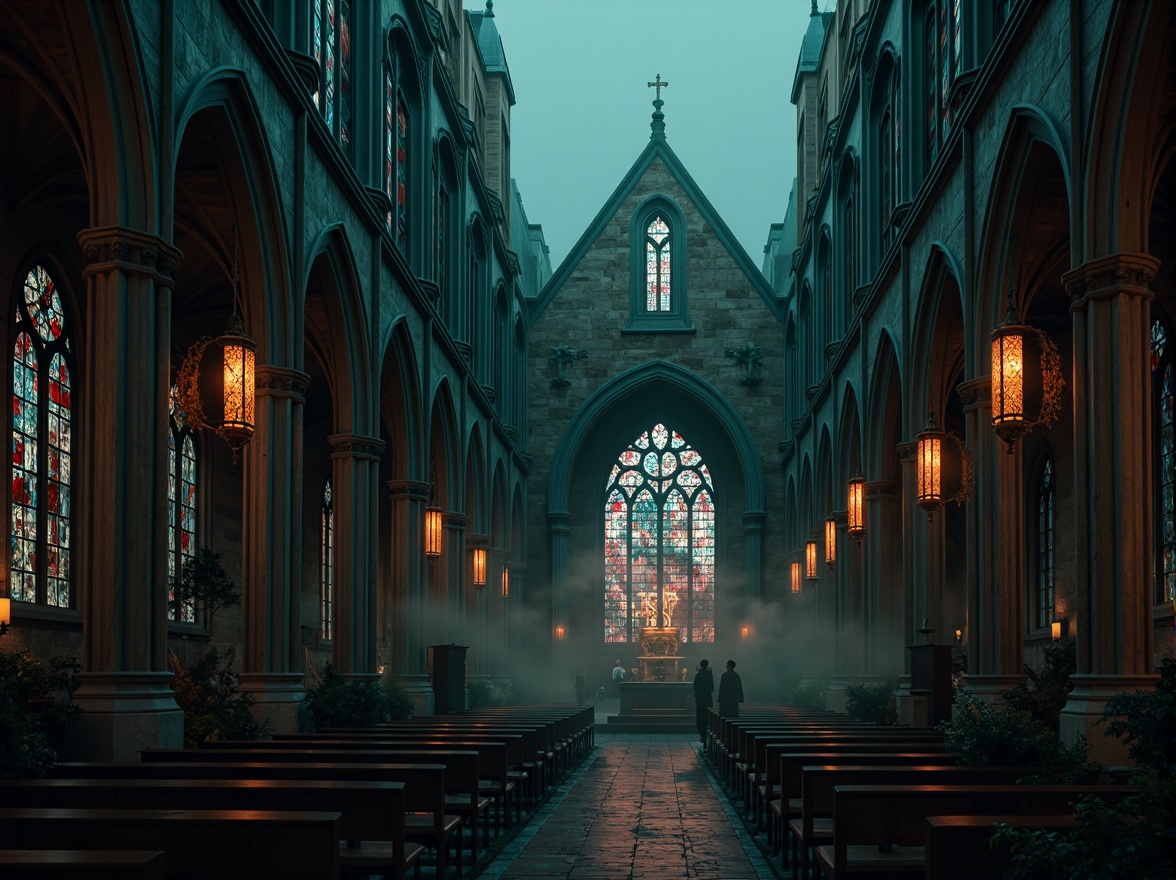 Prompt: Mysterious Gothic cathedral, dark stone walls, stained glass windows, pointed arches, ribbed vaults, flying buttresses, intricate carvings, dramatic lighting, eerie shadows, misty atmosphere, mystical ambiance, rich jewel tones, deep crimson red, midnight blue, emerald green, golden accents, ornate metalwork, weathered copper, mysterious fog, overcast sky, cinematic composition, high contrast ratio, warm color grading.