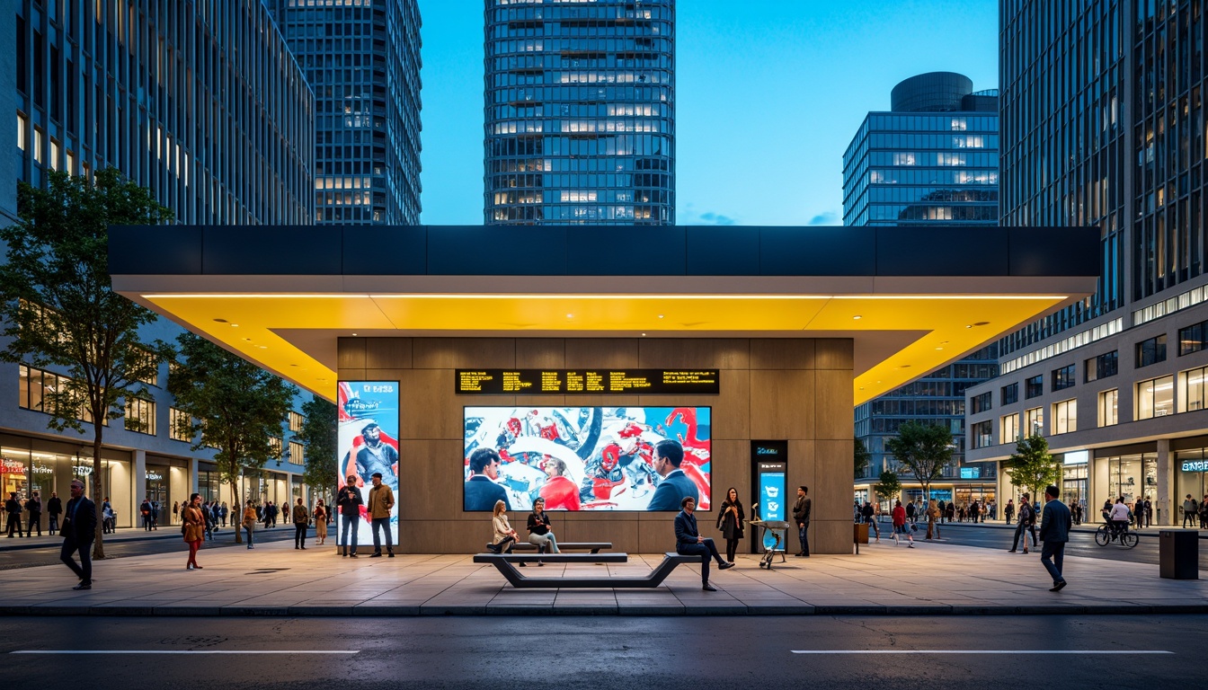 Prompt: Vibrant bus station, modern urban architecture, bold color scheme, bright blue accents, warm yellow tones, neutral gray backgrounds, sleek metal benches, futuristic LED lighting, dynamic digital displays, urban landscapes, busy city streets, morning rush hour atmosphere, shallow depth of field, 1/1 composition, realistic textures, ambient occlusion.