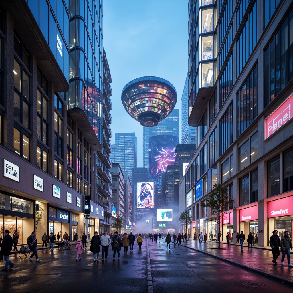 Prompt: Vibrant futuristic cityscape, neon-lit skyscrapers, holographic advertisements, levitating transportation pods, curved LED screens, interactive street art, bustling pedestrian zones, ambient electronic music, misty atmospheric effects, shallow depth of field, 1/1 composition, cinematic camera angles, realistic reflective surfaces, advanced particle simulations.