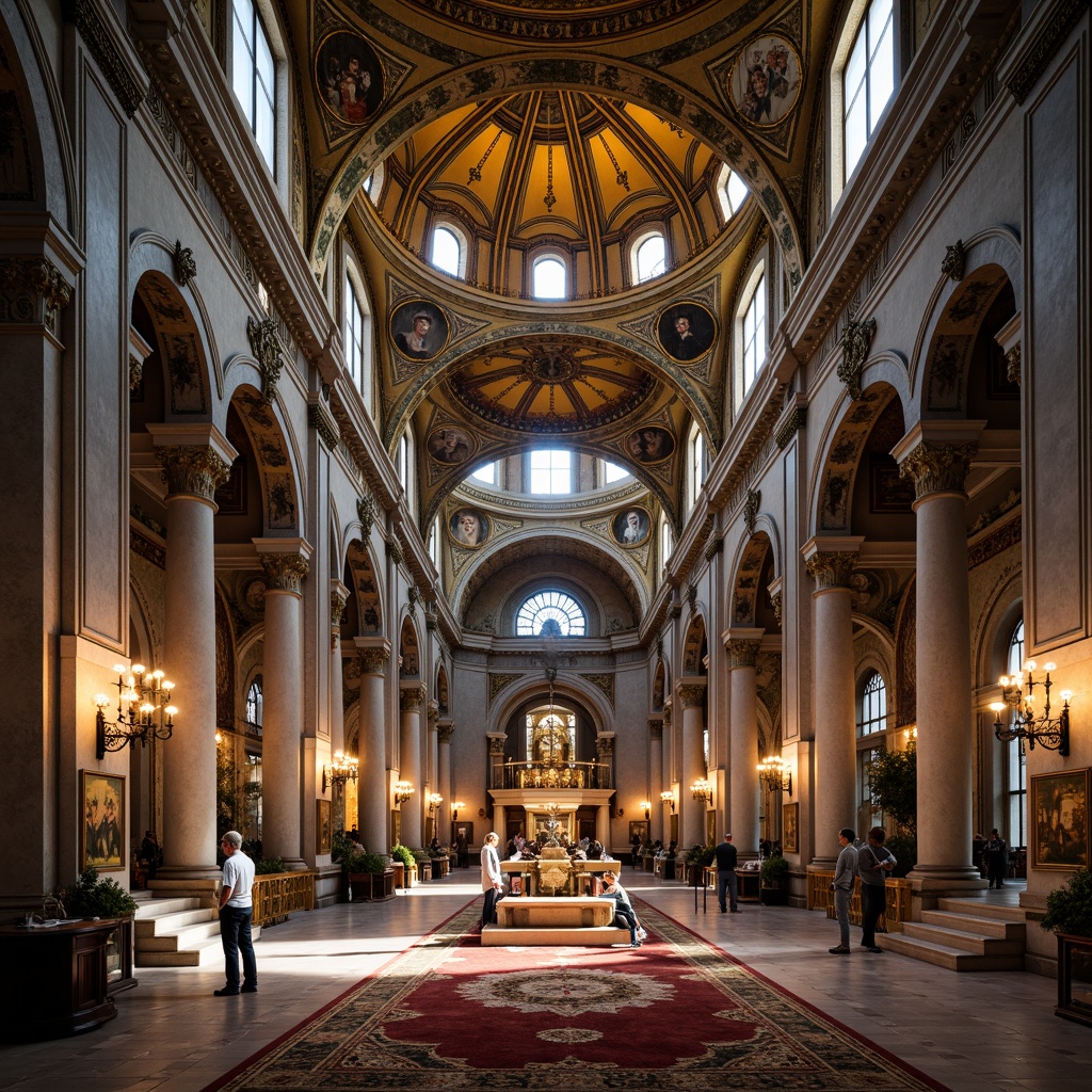 Prompt: Majestic Byzantine church, grand arches, ornate columns, intricate mosaics, golden domes, lavish decorations, marble floors, ornamental patterns, rich textiles, warm candlelight, soft shadows, atmospheric lighting, shallow depth of field, 1/1 composition, symmetrical view, realistic textures, ambient occlusion.