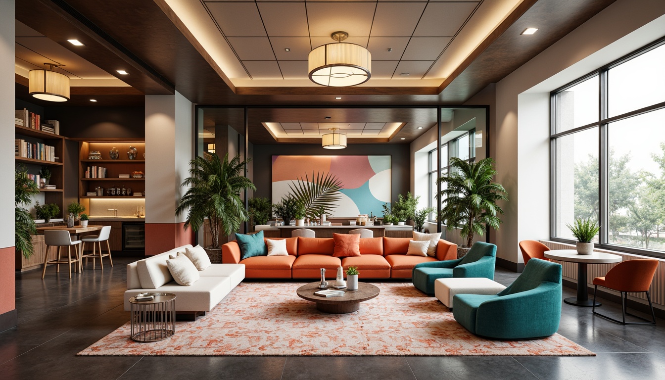 Prompt: Vibrant modern interior, eclectic furniture pieces, bold graphic patterns, bright accent walls, pastel-colored decor, metallic finishes, sleek lighting fixtures, luxurious textiles, sophisticated color blocking, rich jewel tones, creamy whites, deep charcoal grays, soft warm glow, atmospheric ambiance, 1/1 composition, realistic reflections, ambient occlusion.