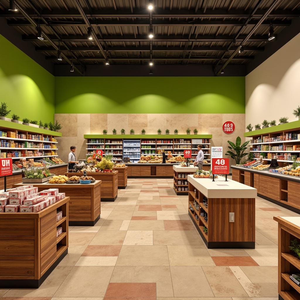 Prompt: Vibrant grocery store, warm beige walls, fresh green accents, rich wood tones, earthy terracotta floors, natural stone countertops, bold red sale signs, soft cream shelving units, colorful food packaging displays, modern LED lighting, 1/1 composition, realistic textures, ambient occlusion.