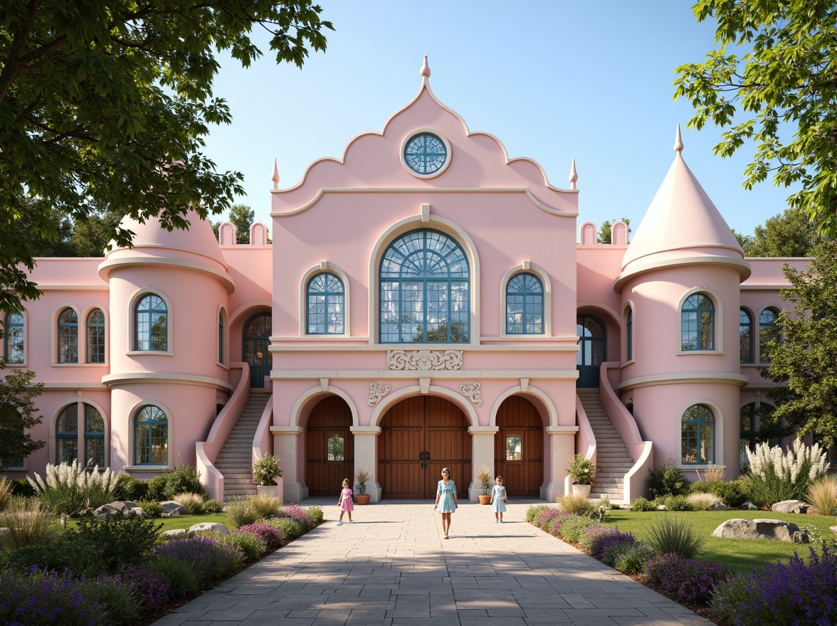 Prompt: Whimsical elementary school, pastel-colored fa\u00e7ade, ornate wooden doors, decorative stone carvings, floral patterned windows, soft pink and blue hues, rounded turrets, fairytale-like architecture, lush greenery, vibrant flowers, playful playground equipment, winding staircases, grand entrance halls, warm natural lighting, 1/1 composition, intimate camera angles, romantic warm color tones, subtle texture details.