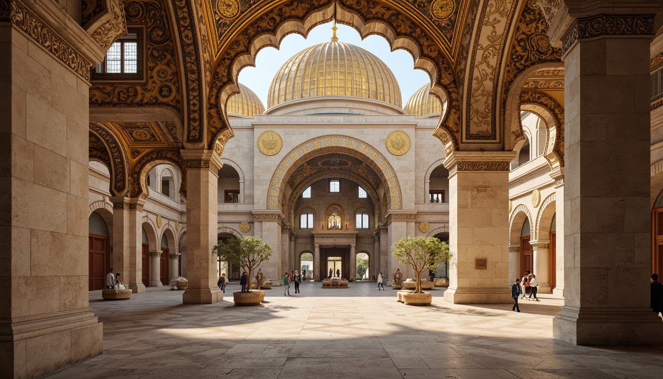 Prompt: Intricate stone carvings, ornate arches, grand domes, golden mosaics, vibrant frescoes, ornamental columns, capitals, Byzantine-inspired patterns, richly textured stonework, warm beige tones, soft natural lighting, shallow depth of field, 3/4 composition, realistic textures, ambient occlusion.