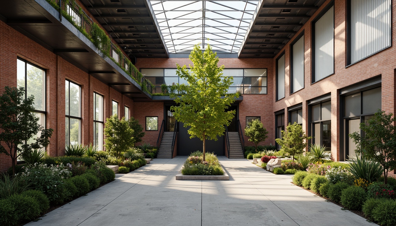 Prompt: Industrial warehouse building, exposed brick fa\u00e7ade, metal cladding, loading docks, cargo elevators, green roof integration, lush vegetation, native plants, urban farming, vertical gardening, reclaimed wood accents, polished concrete floors, natural light infiltration, clerestory windows, minimalist interior design, modern industrial aesthetic, functional simplicity, rustic-chic atmosphere, soft warm lighting, shallow depth of field, 1/1 composition, realistic textures, ambient occlusion.