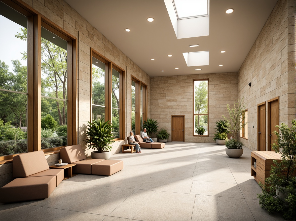 Prompt: Soothing rehabilitation center, natural stone walls, wooden accents, calming color palette, large windows, skylights, soft diffused lighting, gentle shadows, serene atmosphere, comfortable seating areas, greenery views, lush plants, warm beige tones, minimal decor, open spaces, peaceful ambiance, subtle texture variations, 1/1 composition, shallow depth of field, realistic renderings.