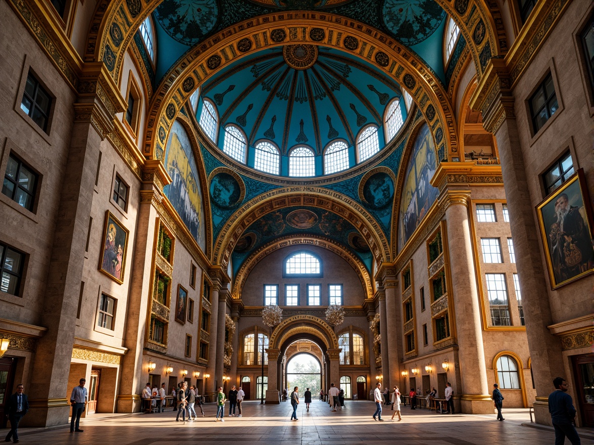 Prompt: Byzantine-inspired architecture, azure domes, golden accents, intricate mosaics, ornate columns, arched windows, grandiose entranceways, lavish decorations, rich textiles, jewel-toned murals, vaulted ceilings, luminous stained glass, warm ambient lighting, shallow depth of field, 1/2 composition, symmetrical framing, high-contrast color palette, luxurious materials, regal atmosphere, serene ambiance, morning soft light, subtle shadows.