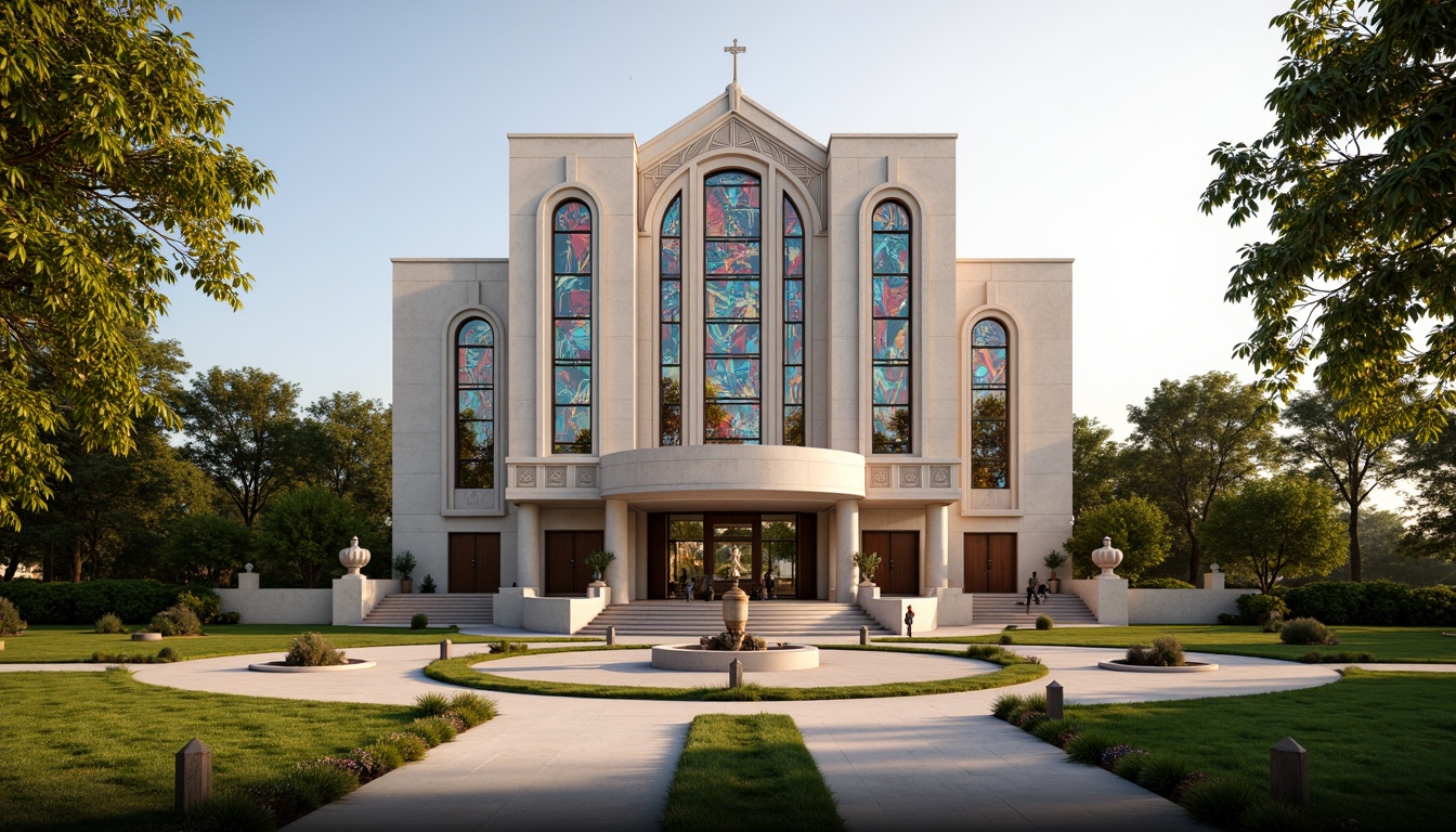 Prompt: Elegant Art Deco church, symmetrical facade, ornate stone carvings, geometric patterns, vibrant stained glass windows, lush greenery, manicured lawns, curved pathways, ornamental fountains, bronze sculptures, intricate metalwork, warm golden lighting, shallow depth of field, 1/1 composition, panoramic view, realistic textures, ambient occlusion.