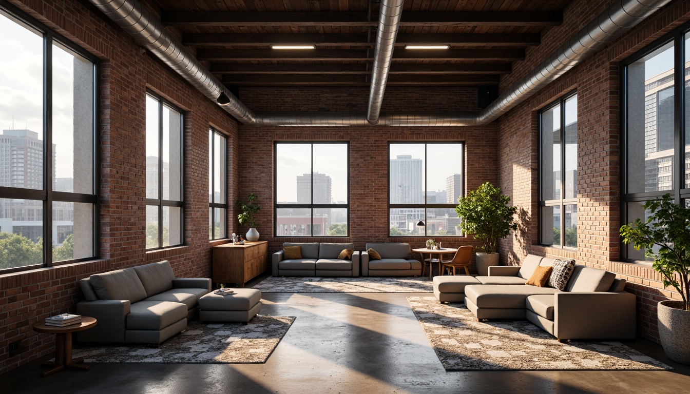 Prompt: Exposed brick walls, steel beams, industrial pipes, minimalist decor, functional furniture, bold typography, geometric shapes, primary color palette, natural textiles, distressed wood accents, urban cityscape, cloudy sky, dramatic shadows, high-contrast lighting, 1-point perspective, cinematic composition, realistic materials, ambient occlusion.