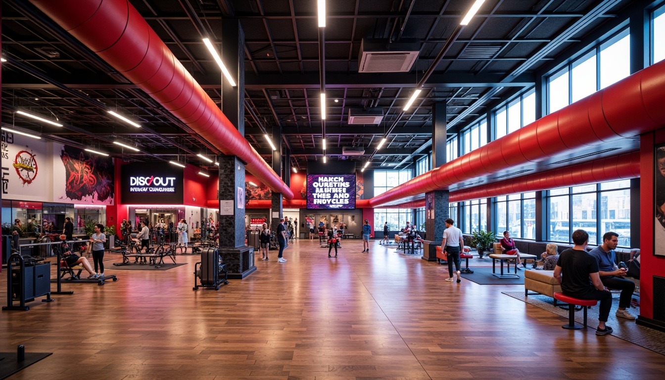 Prompt: Vibrant gymnasium interior, bold color scheme, dynamic sports equipment, modern architecture, metallic accents, polished wooden floors, bright LED lighting, motivational quotes, inspirational murals, energetic atmosphere, intense workout zones, free weights area, cardio machines, strength training stations, mirrored walls, high ceilings, open spaces, natural ventilation, abundant daylight, warm inviting ambiance, shallow depth of field, 1/1 composition, realistic textures, ambient occlusion.