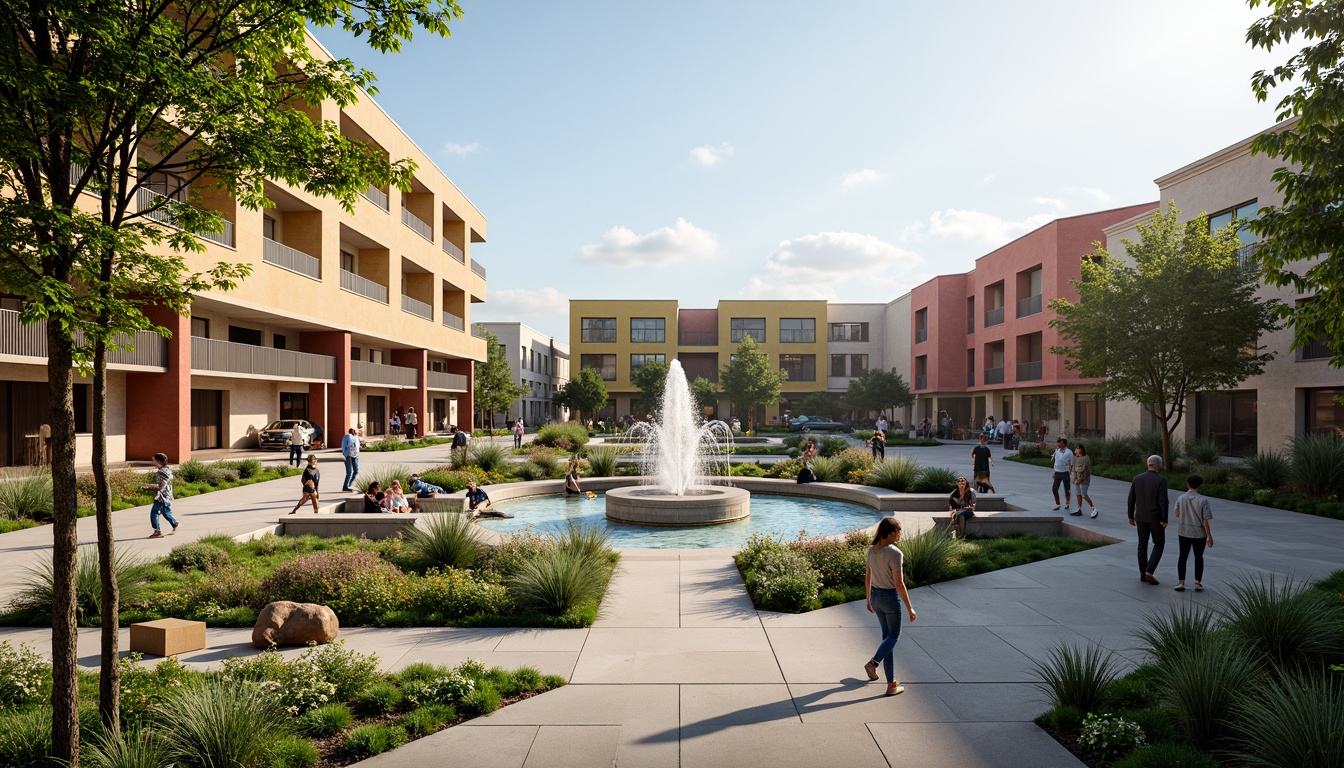 Prompt: Vibrant courthouse square, lush greenery, ornate fountains, walking paths, pedestrian bridges, modern postmodernist architecture, irregular shapes, bold color schemes, abstract sculptures, urban furniture, bustling city life, warm afternoon light, shallow depth of field, 1/2 composition, symmetrical framing, realistic textures, ambient occlusion.