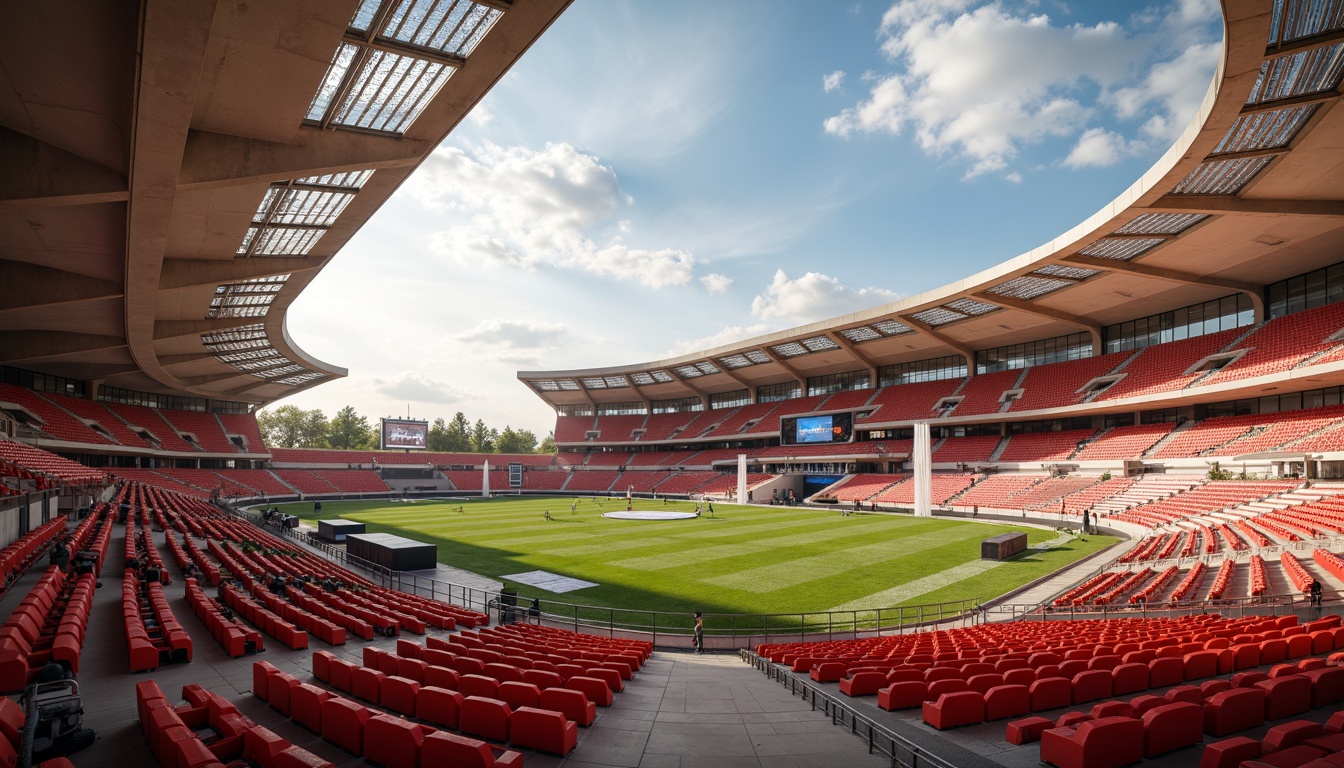 Prompt: Vibrant heliotrope stadium, dynamic angular architecture, bold crimson seats, metallic silver railings, electric blue LED lights, lush green turf, warm beige concrete, futuristic scoreboard displays, modern minimalist design, open-air atmosphere, dramatic cloud formations, soft golden sunlight, low-angle shot, 1/1 composition, cinematic lighting, realistic textures, ambient occlusion.