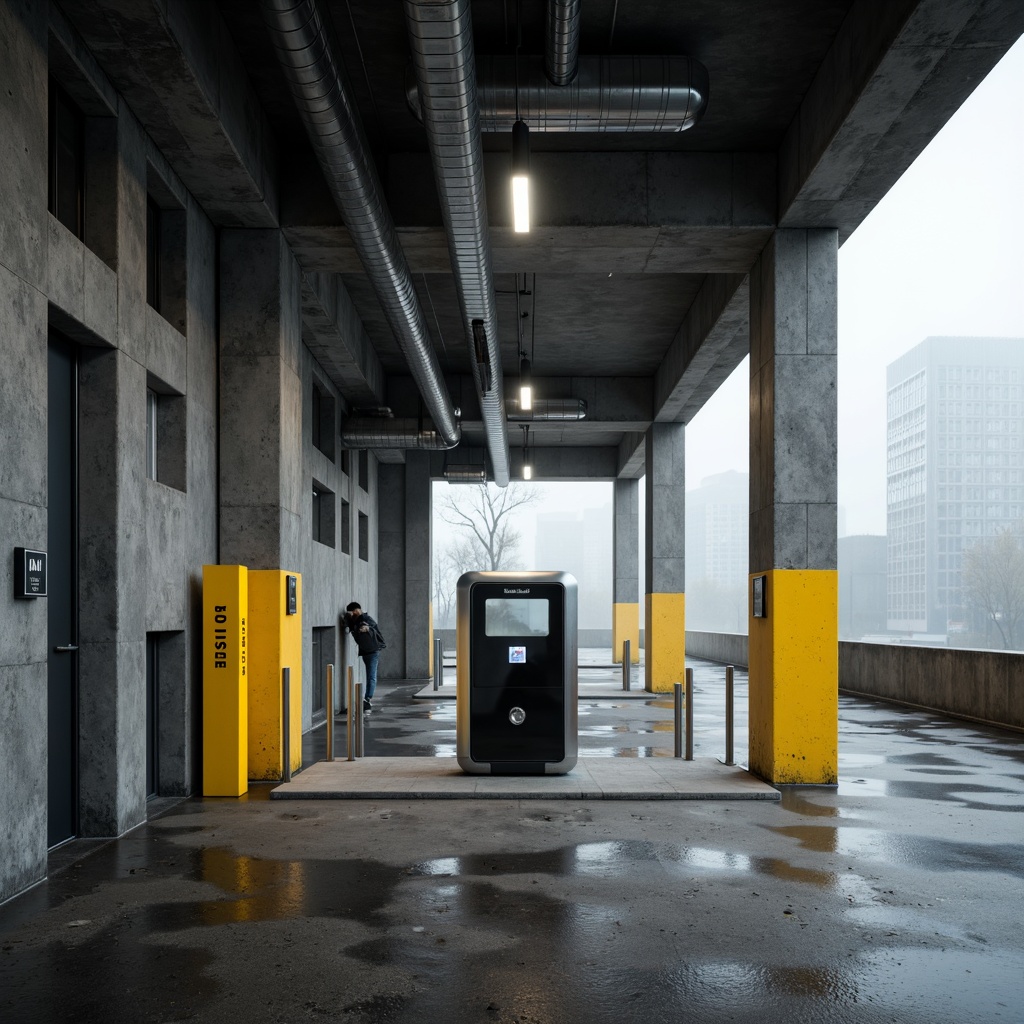 Prompt: Industrial brutalist charging station, concrete walls, raw steel beams, exposed ductwork, functional minimalism, cold monochromatic color scheme, stark white lights, dark grey tones, bold yellow accents, metallic silver highlights, rugged urban landscape, cityscape backdrop, morning mist, soft natural light, shallow depth of field, 1/1 composition, symmetrical framing, high-contrast textures.