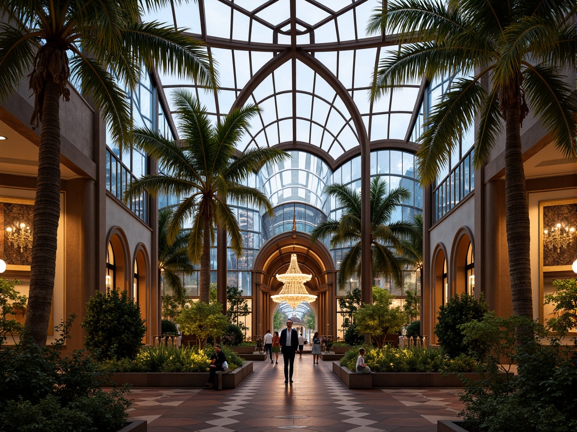 Prompt: Geometric metal framework, ornate glass panels, curved lines, symmetrical facades, luxurious vegetation, exotic plants, metallic accents, chrome fixtures, stepped silhouettes, sunburst motifs, zigzag patterns, chevron details, inlaid wood, polished marble, lavish chandeliers, soft warm lighting, 3/4 composition, shallow depth of field, realistic textures, ambient occlusion.