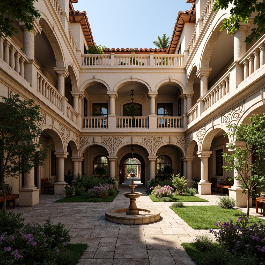 Prompt: Grand villa, Renaissance style, ornate facades, intricate stone carvings, ornamental columns, decorative arches, lavish balconies, terracotta rooftops, warm earthy tones, rustic stonework, lush greenery, blooming flowers, serene courtyard, tranquil fountain, soft golden lighting, 1/1 composition, realistic textures, ambient occlusion.