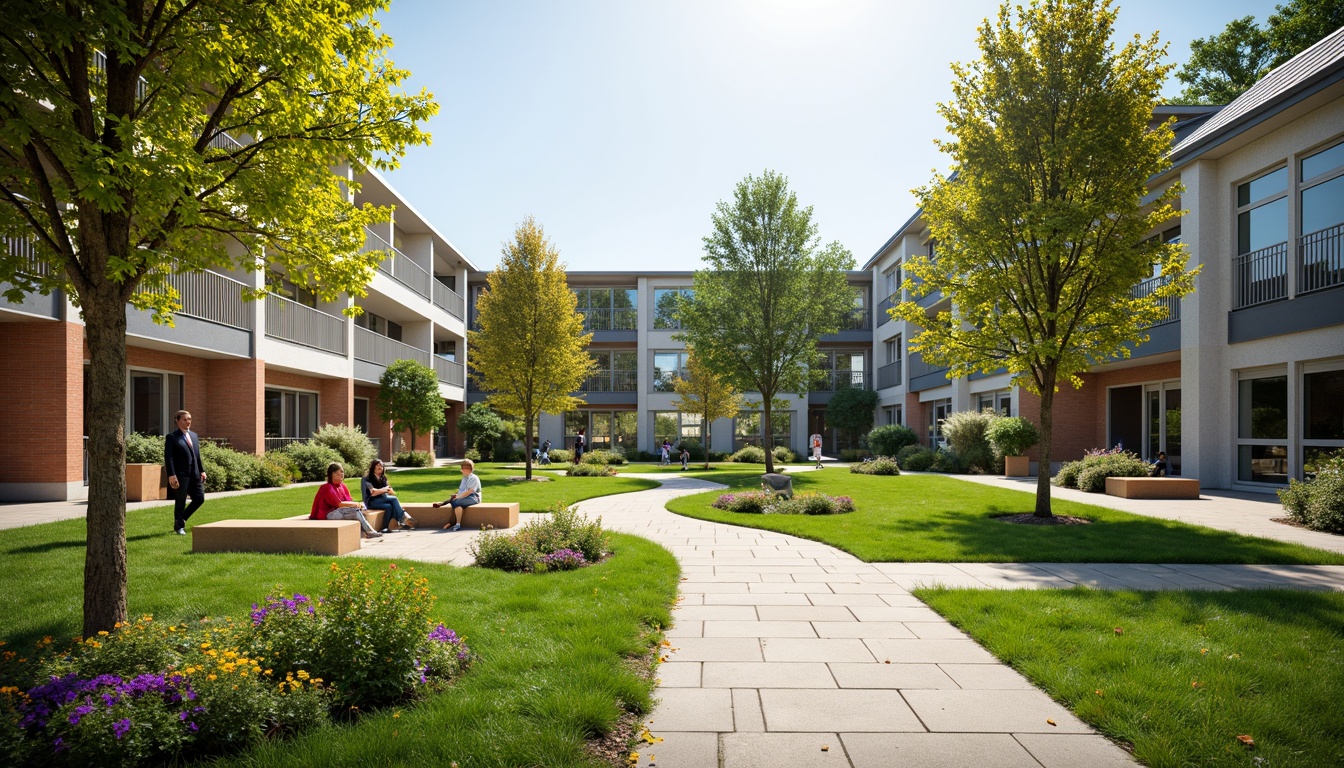 Prompt: Vibrant schoolyard, lush green grass, blooming flowers, ornamental trees, winding pathways, natural stone benches, educational signage, colorful outdoor furniture, modern architecture, large windows, glass doors, sunny day, soft warm lighting, shallow depth of field, 3/4 composition, panoramic view, realistic textures, ambient occlusion, serene atmosphere, peaceful environment.