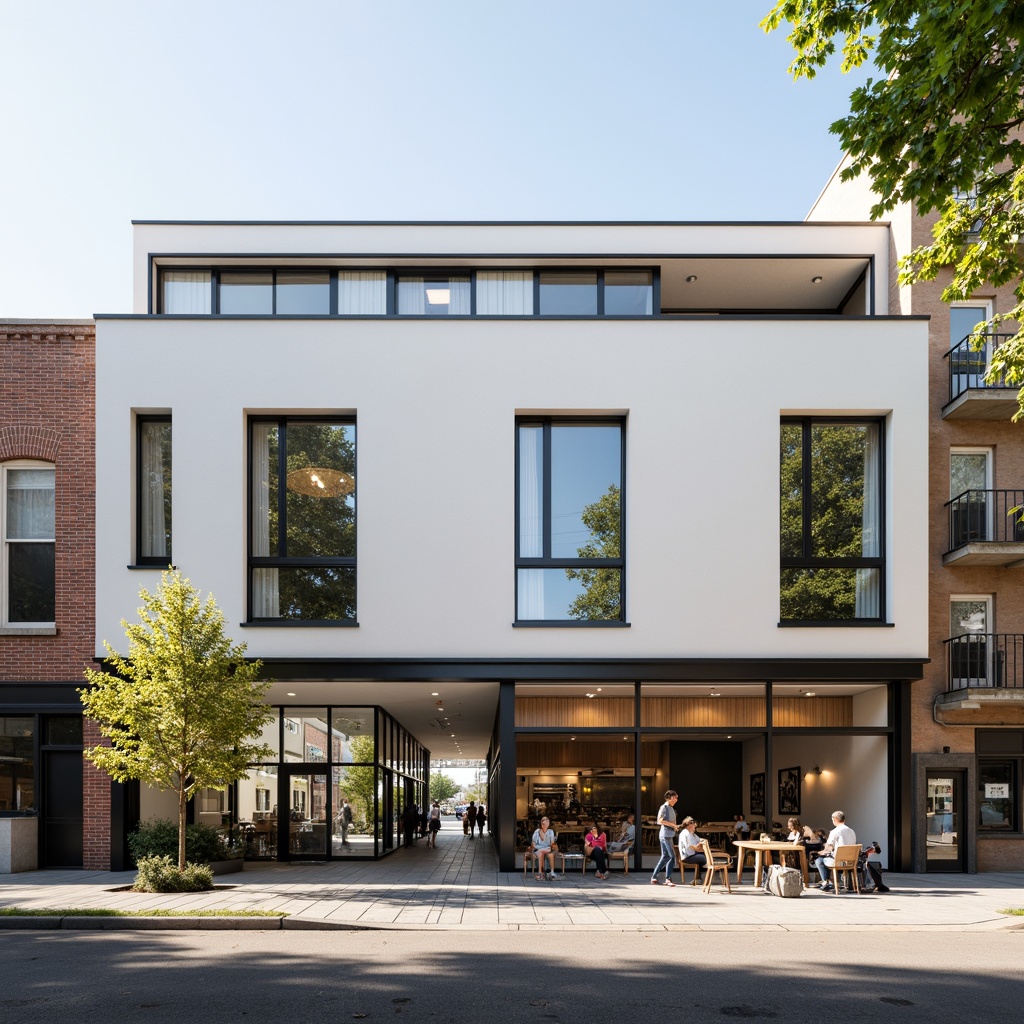 Prompt: Clean white facade, minimal ornamentation, subtle signage, neutral color palette, industrial metal accents, large glass windows, sliding doors, open floor plan, natural stone flooring, reclaimed wood textures, urban cityscape, morning sunlight, soft shadows, shallow depth of field, 2/3 composition, realistic reflections, ambient occlusion, modern street furniture, pedestrian traffic.