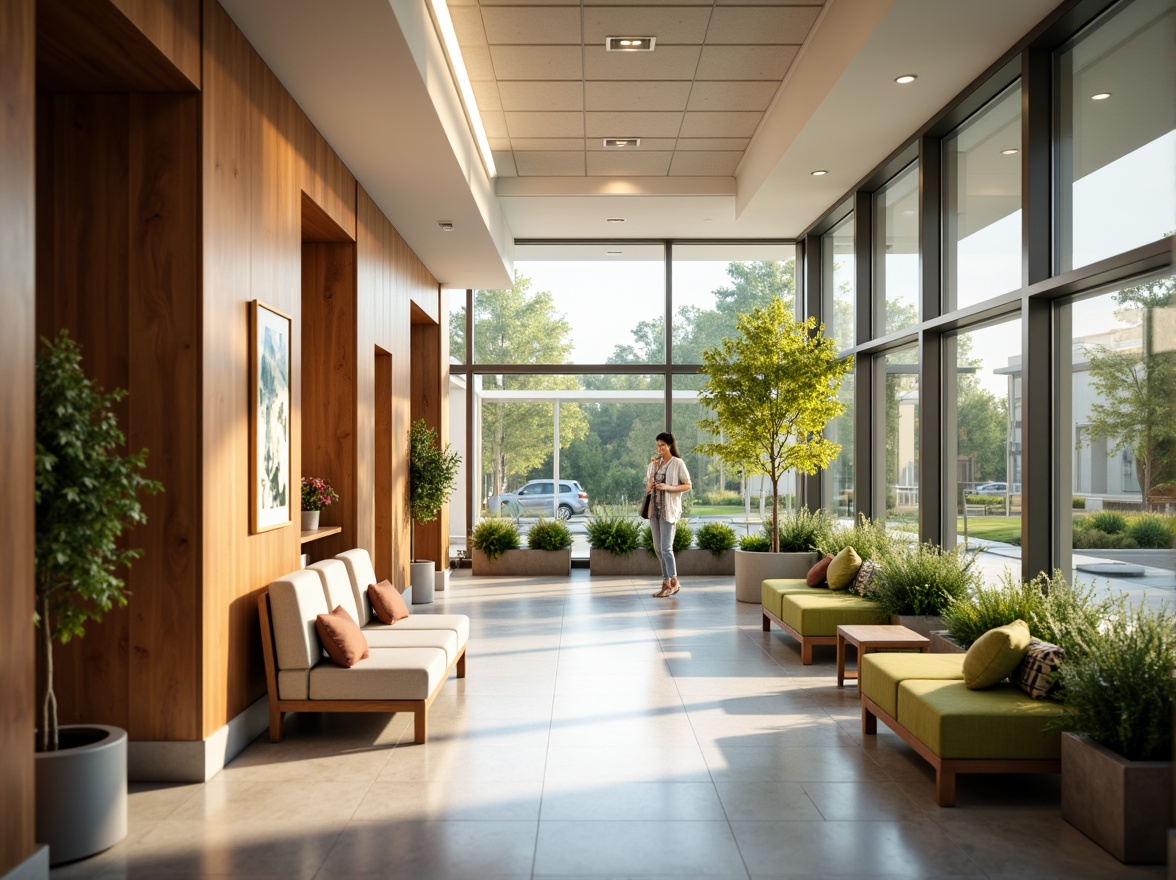 Prompt: \Soothing hospital corridor, warm gentle lighting, calming ambiance, patient rooms, comfortable seating areas, natural wood accents, soft pastel colors, indirect LED lights, floor-to-ceiling windows, peaceful outdoor views, lush greenery, vibrant artwork, quiet reading nooks, calming water features, serene soundscapes, subtle color temperature changes, 1/2 composition, shallow depth of field, realistic textures, ambient occlusion.\