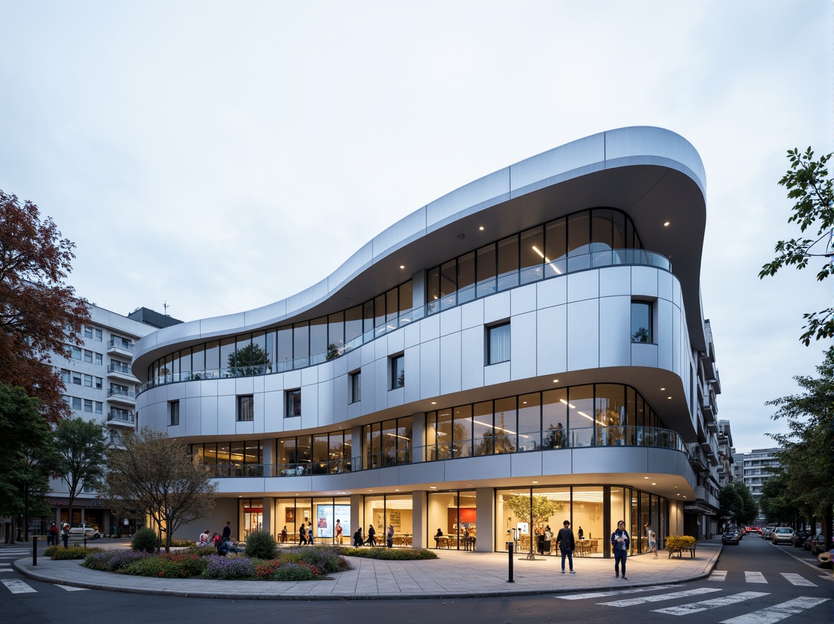 Prompt: Curved modern school building, sleek silver fa\u00e7ade, innovative large windows, minimalist design, streamlining architecture, cantilevered rooflines, geometric patterns, urban cityscape, overcast sky, soft diffused lighting, shallow depth of field, 2/3 composition, realistic glass reflections, ambient occlusion, vibrant colorful accents, educational signage, modern furniture, collaborative learning spaces, futuristic technology integration.