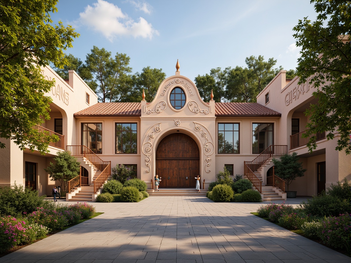 Prompt: Whimsical elementary school, romanticist fa\u00e7ade, ornate wooden doors, decorative stone carvings, vibrant colored windows, intricate brick patterns, lush greenery, blooming flowers, playful playground equipment, winding staircases, grand entrance hall, soft warm lighting, shallow depth of field, 3/4 composition, panoramic view, realistic textures, ambient occlusion.