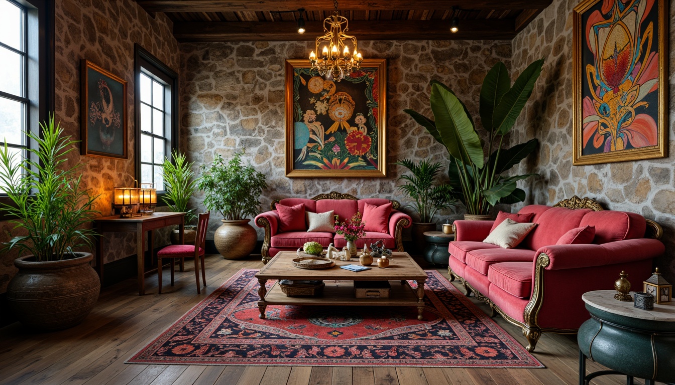 Prompt: Vibrant bohemian interior, eclectic furniture pieces, distressed wood textures, vintage velvet upholstery, ornate metal frames, colorful Moroccan tiles, intricate Indian patterns, bold graffiti art, lush greenery, natural stone walls, reclaimed wooden floors, rustic bronze accents, warm candlelighting, shallow depth of field, 3/4 composition, realistic textures, ambient occlusion.